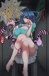 1girls better_version_at_source blue_clothing blue_eyes blue_hair brush censored cleavage condom crossed_legs cum cum_in_condom cumming cumshot defeated defeated_heroine dubious_consent ejaculation female female_focus femdom futanari gesususi glory_hole hands-free handsfree_ejaculation huge_breasts identity_death intersex orgasm personality_excretion photo pixiv_sample reimu_hakurei sanae_kochiya seiga_kaku sitting skirt smile smug tagme text touhou translation_request