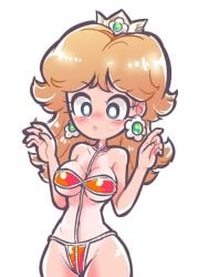 1girls bikini bikini_bottom bikini_top blue_eyes blush bra breasts brown_hair cindysuke cleavage clothing earrings easter_eggfemale female flower_earrings looking_up mario_(series) nintendo panties princess_daisy upper_body