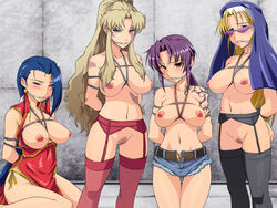 4girls arms_behind_back balalaika black_lagoon blush bondage breasts chinese_dress eda_(black_lagoon) exposed_breasts female female_only garter_belt garter_straps habit looking_over_eyewear looking_over_glasses multiple_girls multiple_subs navel nipples nun nun's_habit onigiri_(ocelot) pink-tinted_eyewear pubic_hair pussy restrained revy rope shenhua stockings sunglasses tattoo tears tinted_eyewear uncensored