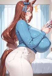 ai_generated animal_ears ass blue_eyes blue_sweater blush book breasts brown_hair covered_nipples curvy denim female franham_(style) gigantic_breasts hair_ribbon holding_book holding_magazine horse_ears horse_girl horse_tail indoors jeans long_hair long_sleeves magazine mature_female milf open_mouth pants ribbed_sweater ribbon self_upload solo super_creek_(umamusume) surprised sweater thick_thighs thighs tight turtleneck umamusume very_long_hair white_pants