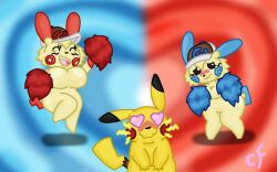 after_transformation big_breasts blush cheerleader cheerleader_uniform heart-shaped_pupils hips minun pikachu plusle pokemon pokemon_(species) pokemon_only satoshi_(pokemon) shy
