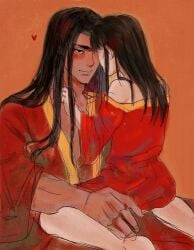 1boy1girl black_hair blush brown_hair duo female ganjitsu hair_down height_difference imminent_sex jamie_siu kimono li-fen male off_shoulder red_kimono straight street_fighter street_fighter_6 tan_body tan_skin upright_straddle wholesome