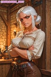ai_generated angry angry_face breasts cd_projekt_red ciri clenched_teeth clothing female green_eyes kiragen_art light-skinned_female looking_at_viewer mascara scar solo solo_female tavern the_witcher_(series) the_witcher_3:_wild_hunt white_hair