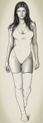 1girls actress alexandra_daddario brown_hair celebrity cross_tattoo curvy female hourglass_figure idrawnudeladies latex leotard long_hair monochrome real_person tattoo thick_thighs thighhighs