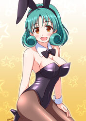 1girls aqua_hair blush bococho bowtie breasts bunny_costume bunny_ears bunny_girl bunnysuit cleavage detached_collar female high_heels idolmaster pantyhose smile tokugawa_matsuri voluptuous wrist_cuffs yellow_eyes