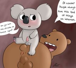 2015 anthro ass balls bear blush english_text erection fur grizzly_(character) grizzly_bear interspecies male male_only mammal nom_nom_(character) nude penis smile text we_bare_bears zekromlover