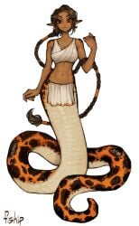 1girls aziza_(aishafan1) belly_scales black_scales braid braided_hair braided_ponytail breasts brown_hair clothed clothed_female female female_focus female_humanoid female_only fiship kemonomimi lamia loincloth looking_at_viewer orange_eyes orange_scales snake snake_girl snake_humanoid source_request tagme tanned tanned_female tribal tribal_clothing two_piece white_belly white_scales