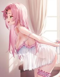 big_breasts daytime nicole_demara nightgown pink_hair raaicave saggy_breasts translucent_clothing white_nightgown zenless_zone_zero