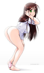 2014 ahoge ass barefoot bent_over blush bottomless breasts brown_hair female green_eyes hitmann large_breasts long_hair looking_at_viewer original panties panties_down pink_panties simple_background smile solo standing underwear white_background