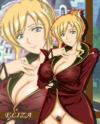 blonde_hair blue_eyes bottomless breasts cleavage detached_sleeves dress female large_breasts pointy_chin pubic_hair pussy quiz_magic_academy solo standing tsumiya_kazuki uncensored