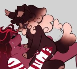 beauty_mark bl00dy_romant1c blush breasts claws cookie_run cookie_run_kingdom cookie_run_oc dog_ears dog_tail oc_x_canon original_character paws puppygirl red_hair red_velvet_cookie riding_cock riding_penis sweat wagging_tail