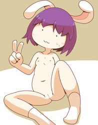 2018 :3 animal_humanoid blush breasts clothing crepix fake_hsi female gesture hair humanoid lagomorph legwear mammal mostly_nude nipples purple_hair pussy rabbit_humanoid small_breasts socks solo sweat v young