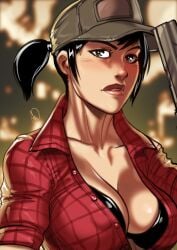 abigail_briarton black_hair bra call_of_duty_zombies cap cleavage cod_zombies ganassa gun large_breasts misty_briarton nipple_bulge nipple_outline open_shirt ponytail