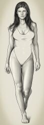 1girls actress alexandra_daddario bottomless brown_hair celebrity cross_tattoo curvy female hourglass_figure idrawnudeladies leotard long_hair monochrome real_person tattoo thick_thighs