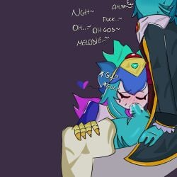 1futa 2girls bibi_(brawl_stars) blowjob blush breath closed_eyes cock cum cursed_pirate_bibi female futanari harpy_melodie_(brawl_stars) intersex lesbian_sex long_hair melodie_(brawl_stars) moaning pants_down short_hair yuri
