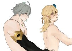 alhaitham_(genshin_impact) anal anal_sex blonde_hair blue_eyes doggy_style from_behind from_behind_position genshin_impact gray_hair haikaveh kaveh_(genshin_impact) male male/male mlm nude red_eyes sex yaoi