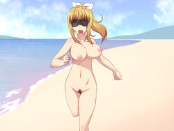 beach blindfold blonde_hair blush breasts long_hair marin_(sea_story) navel nipples nude open_mouth outdoors pubic_hair running sea_story shimano_natsume solo uncensored water