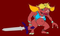 after_transformation bokoblin breasts breath_of_the_wild cameltoe female link potbelly sword the_legend_of_zelda torn_clothes