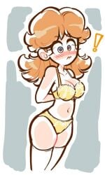 1girls blue_eyes blush bra breasts brown_hair cindysuke cleavage clothing earrings female flower_earrings lingerie looking_up mario_(series) nintendo panties princess_daisy upper_body