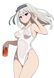 1girls accurate_art_style arms_up blue_eyes breasts coro_fae hair_ornament hi_res holding holding_object kaguya-sama_wa_kokurasetai_~tensai-tachi_no_renai_zunousen~ long_hair looking_at_viewer medium_breasts official_style see-through shirogane_kei silver_hair simple_background sweat swimsuit thighs wet white_background