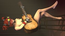 acoustic_guitar barefoot blush borderlands casual cybernetic_arm cybernetic_limb cybernetics female gaige_(borderlands) guitar human musical_instrument nudist pale_skin photofiona red_hair sitting stage