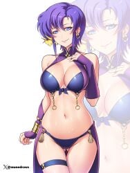 1girls absurdres arm_up ass_visible_through_thighs bikini blue_bikini blue_eyes breasts earrings etchimune female fire_emblem fire_emblem:_the_blazing_blade fire_emblem_heroes flower hair_flower hair_ornament halterneck hand_on_own_chest highres hoop_earrings jewelry large_breasts looking_at_viewer navel official_alternate_costume purple_hair short_hair smile solo swimsuit ursula_(fire_emblem) ursula_(summer)_(fire_emblem)