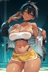 1girls abs bare_legs bare_shoulders bare_thighs big_breasts black_hair blush breasts choker clothed clothing color dark-skinned_female dark_skin earring female female_focus female_only fit_female hi_res jacket kurobe_natsumi_(shiromanta) large_breasts looking_at_viewer muscles muscular muscular_female my_senpai_is_annoying natsumi_kurobe no_ai running senpai_ga_uzai_kouhai_no_hanashi short_hair solo solo_female sweat tagme thick_thighs tomboy wide_hips xxnikichenxx yellow_eyes