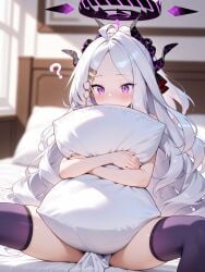 ahoge ai_generated bangs bed bed_sheet black_legwear black_thighhighs blue_archive blush breasts clothing curtains demon_girl demon_horns dress female female forehead hair_ornament hairclip halo hina_(blue_archive) horn horns indoors large_breasts legwear long_hair looking_at_viewer lying milfhunter228 multiple_horns object_hug on_bed parted_bangs pillow pillow_hug purple_eyes purple_legwear purple_thighhighs sitting sleepwear solo sorasaki_hina spread_legs thighhighs thighs very_long_hair wavy_hair white_hair window