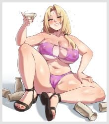 absurdres alcohol bikini blonde_hair blush border breasts brown_eyes cameltoe collarbone commentary commission covered_nipples cup curtained_hair drink drunk english_commentary eyepatch_bikini facial_mark female forehead_mark full_body grey_border grin hair_over_shoulder hammock hand_on_own_leg hand_up highres holding holding_cup holding_drink huge_breasts kharon knee_up large_breasts lips long_hair looking_at_viewer nail_polish naruto naruto_(classic) naruto_(series) naruto_shippuden navel nipples ponytail purple_bikini red_nails sake saliva sandals sitting smile solo squeans stomach swimsuit toenail_polish toenails tokkuri topless topless_female tsunade tsunade_(naruto) veins veiny_breasts white_background