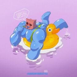 1boy ass ass_focus bara blue_body blush buff feet godstv inflatable kinni_(godstv) lime_mankini lying male male_focus male_only mankini mankini_ass_view sexy solo solo_focus solo_male tongue tongue_out video_games water yaoi