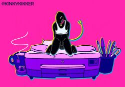 anthro bed black_body canid canine canis clothing coffee_mug collar digital_media_(artwork) domestic_dog furniture genitals half-erect kinkykikker kneeling male mammal pen pencil pencil_sharpener penis pillow pink_background pink_collar restricted_palette scissors shirt simple_background solo steam tail tank_top tea_bag topwear