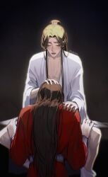 2boys blowjob blowjob_only closed_eyes hand_on_head hand_on_leg heaven_official's_blessing hua_cheng male oral oral_sex tianguan_cifu unseen_male_face xie_lian yaoi