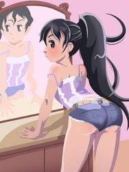 ass back_view clothes color dark_hair female female_only kekkaishi mirror ponytail shorts small_breasts solo tied_hair yukimura_tokine