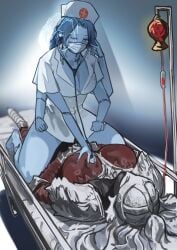 armor armored_female big_breasts boob_armor boob_squish cleavage elden_ring hand_on_breast hi_res medical_instrument medical_mask medical_play miaojiangyou nurse nurse_cap nurse_clothing nurse_uniform ranni_the_witch sexy_nurse sitting_on_person tarnished tarnished_female yuri