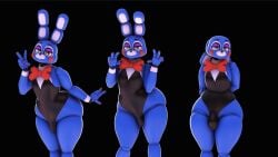 3d_(artwork) animatronic anthro black_background black_clothing black_leotard blue_body bow_tie buckteeth bulge bunny_costume clothing colored_nails costume cuffs_(clothing) detailed_bulge digital_media_(artwork) ears_down eyeshadow femboy five_nights_at_freddy's five_nights_at_freddy's_2 gesture green_eyes group half-closed_eyes hand_gesture lagomorph leotard leporid looking_at_viewer machine makeup male mammal nails narrowed_eyes nugter pivoted_ears purple_eyeshadow rabbit red_bow_tie red_nails robot robot_anthro scottgames simple_background source_filmmaker_(artwork) teeth thick_thighs toy_bonnie_(fnaf) trio v_sign