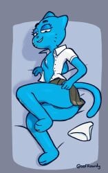 2020 3_toes 4_fingers absurd_res anthro artist_name barefoot barely_visible_genitalia barely_visible_vulva bed bedroom_eyes black_bottomwear black_clothing black_eyes black_skirt black_text black_whiskers blue_body blue_breasts blue_ears blue_eyelids blue_tail blue_vulva bottomwear breasts button_(fastener) cartoon_network clothed clothing clothing_lift digital_media_(artwork) domestic_cat eyebrows eyelashes feet felid feline felis female female_anthro fingers furniture genitals hi_res humanoid_genitalia humanoid_vulva looking_at_viewer lying mammal narrowed_eyes nicole_watterson nipples no_underwear on_bed on_side oofrowdy open_clothing open_topwear panties pink_nose presenting presenting_vulva seductive shadow skirt skirt_lift small_breasts small_nose smile solo tail text the_amazing_world_of_gumball toes topwear triangle_nose underwear vulva watermark whiskers white_clothing white_panties white_sclera white_topwear white_underwear