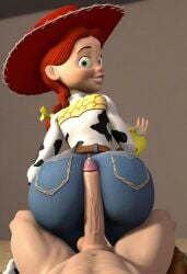 1girls accurate_art_style ai_generated assjob braided_ponytail buttjob clothed cowboy_hat disney female from_behind jessie_(toy_story) looking_back penis pixar red_hair solo toy_story