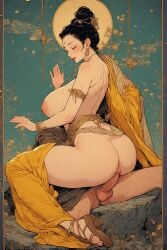 ai ai_generated ass bare bare_vagina big buddha_goddess busty chest inside_vagina male massive open_robe penis robe saggy sandals sex sideview sitting