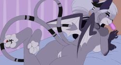 2025 2_tails 5_fingers absurd_res accessory anthro ass back_wings bed bedroom bedroom_eyes black_body black_fur breasts brown_body brown_fur canid canid_demon canine closed_eyes clothed clothed_male clothing colored colored_line_art demon dessert digital_drawing_(artwork) digital_media_(artwork) duo extreme_size_difference fangs female fingers fluffy fluffy_tail food fur furniture genitals gradient_hair grey_eyes grey_hair grey_pawpads grey_wings hair hair_accessory hellaverse hellhound helluva_boss hi_res ice_cream indoor_nudity inside licking_ice_cream long_hair looking_at_another looking_at_partner looking_back lying lying_on_bed lying_on_paws male male/female mammal markings membrane_(anatomy) membranous_wings micro mole_(marking) multi_tail multicolored_body multicolored_tail mythological_canine mythological_creature mythology narrowed_eyes nude nude_anthro nude_female on_back on_bed on_front pawpads paws ponytail popsicle purple_body purple_ears purple_fur purple_hands purple_sclera purple_tongue purple_vulva pussy red_hair redmn seductive simple_background size_difference smile smonks_(smonksthiccyeets) solo_focus spade_tail succubus tail tail_markings teasing teeth teeth_showing thin_tail tied_hair tongue two_tone_body violetta_(smonksthiccyeets) vulva wings