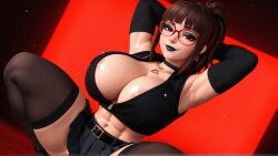 1girls 3d 3d_(artwork) abs ai ai_generated armpits armwarmer armwarmers armwear belt big_breasts black_lips black_lipstick brown_hair brown_hair busty cleavage crop_top cropped_jacket glasses gloves goth goth_girl highres low-angle_view madz(oc) muscular_female perfect_body pleated_skirt preview radnsad red_eyes short_skirt skirt squat squatting sweat sweatdrop sweating sweaty sweaty_body thick_legs thick_thighs thighhighs viewed_from_below wallpaper