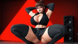 1girls 3d 3d_(artwork) abs ai ai_generated armpits arms_up armwarmer armwarmers armwear belt big_breasts black_lips black_lipstick brown_hair brown_hair busty cleavage crop_top cropped_jacket glasses gloves goth goth_girl highres low-angle_view madz(oc) muscular_female perfect_body pleated_skirt preview radnsad red_eyes short_skirt skirt squat squatting sweat sweatdrop sweating sweaty sweaty_body thick_legs thick_thighs thighhighs viewed_from_below wallpaper