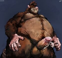 2018 anthro aokamidu balls beard belly belly_hair big_belly big_moobs bodily_fluids body_hair brown_body brown_fur buckteeth cum cum_on_hand cum_on_penis ejaculation erection facial_hair fur genital_fluids genitals looking_at_viewer looking_down looking_down_at_viewer low-angle_view male mammal mohawk moobs murid murine nacho_(lewdrat) nipples nude nude_male overweight overweight_male penis portrait rat rodent solo teeth thick_thighs three-quarter_portrait whiskers