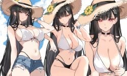 1girls arm_up armpits bare_shoulders bikini bikini_tug bikini_under_shorts black_bikini black_choker black_hair blue_archive breasts bright_pupils choker cleavage closed_mouth collarbone crossed_legs cutoffs denim denim_shorts female front-tie_bikini_top front-tie_top hair_ornament hair_over_shoulder hairclip halterneck hand_in_own_hair hat hat_ornament highres large_breasts layered_bikini long_hair looking_at_viewer mismatched_bikini multicolored_bikini multiple_views navel o-ring o-ring_bikini panty_straps parted_lips red_eyes revision rio_(blue_archive) shigure_s short_shorts shorts stomach straw_hat swimsuit two-tone_bikini white_bikini white_pupils
