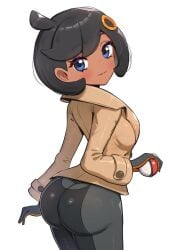 ass black_bodysuit black_hair blue_eyes blush bodysuit bodysuit_under_clothes breasts closed_mouth dark-skinned_female dark_skin emma_(pokemon) female gloves gonzarez hair_ornament holding holding_poke_ball huge_ass jacket looking_at_viewer nintendo poke_ball poke_ball_(basic) pokemon pokemon_legends:_z-a short_hair simple_background smile solo white_background