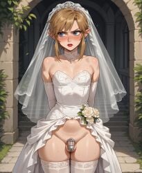 ai_generated arms_behind_back blonde_hair blush chastity_cage facing_viewer femboy link lipstick looking_away small_penis sweat the_legend_of_zelda the_legend_of_zelda:_breath_of_the_wild thighhighs wedding_dress wedding_veil