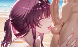1boy 1girls ai_generated balls beach bikini day earrings erection eyewear_on_head female honkai:_star_rail honkai_(series) hoyoverse jewelry kafka_(honkai:_star_rail) licking licking_penis male mihoyo ocean outdoors patreon penis purple_hair saliva straight swimsuit testicles tongue tongue_out uncensored zenaai