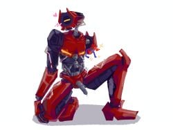 1boy amputated_arm amputee blush cock crouching dripping_precum erect_penis erection exposed_wires heart looking_at_viewer male mechanical penis precum presenting_penis red_metal robophilia robot robot_anthro robot_boy robot_penis seductive_look self_upload showing_off sparkles squint squinted_eyes squinting ultrakill v2_(ultrakill) wires