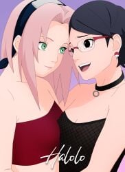 2girls alternate_costume alternate_hair_length alternate_hairstyle boruto:_two_blue_vortex clothed clothed_female female_only glasses halolo long_hair medium_breasts naruto naruto_(classic) naruto_(series) sakura_haruno sarada_uchiha teenage_girl teenager very_long_hair young