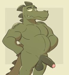 anthro balls belly cosmicbologni crocodile crocodilian darkened_balls darkened_genitalia darkened_penis foreskin genitals green_body green_scales hi_res humanoid_genitalia humanoid_penis male navel nude pecs penis reptile saggy_balls scales scalie solo tail urethra