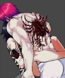 2boys black_hair blade blood blood_drip blood_stain carving cutting dubious_consent feitan gay gore guro hisoka_morow hugging hunter_x_hunter hurt hxh knife knife_play male male/male male_only naked questionable_consent red_hair spider_tattoo weapon wounded